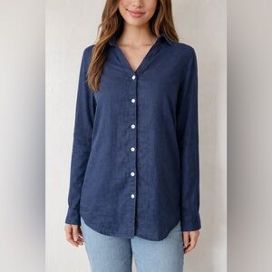 Sigrid Olsen Navy Blue Button-Up Linen Blouse Small